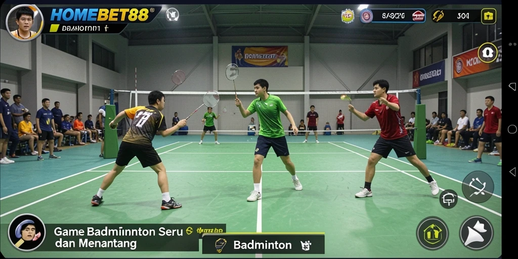 Tampilan antarmuka HOMEBET88 dengan aksi badminton yang penuh semangat.